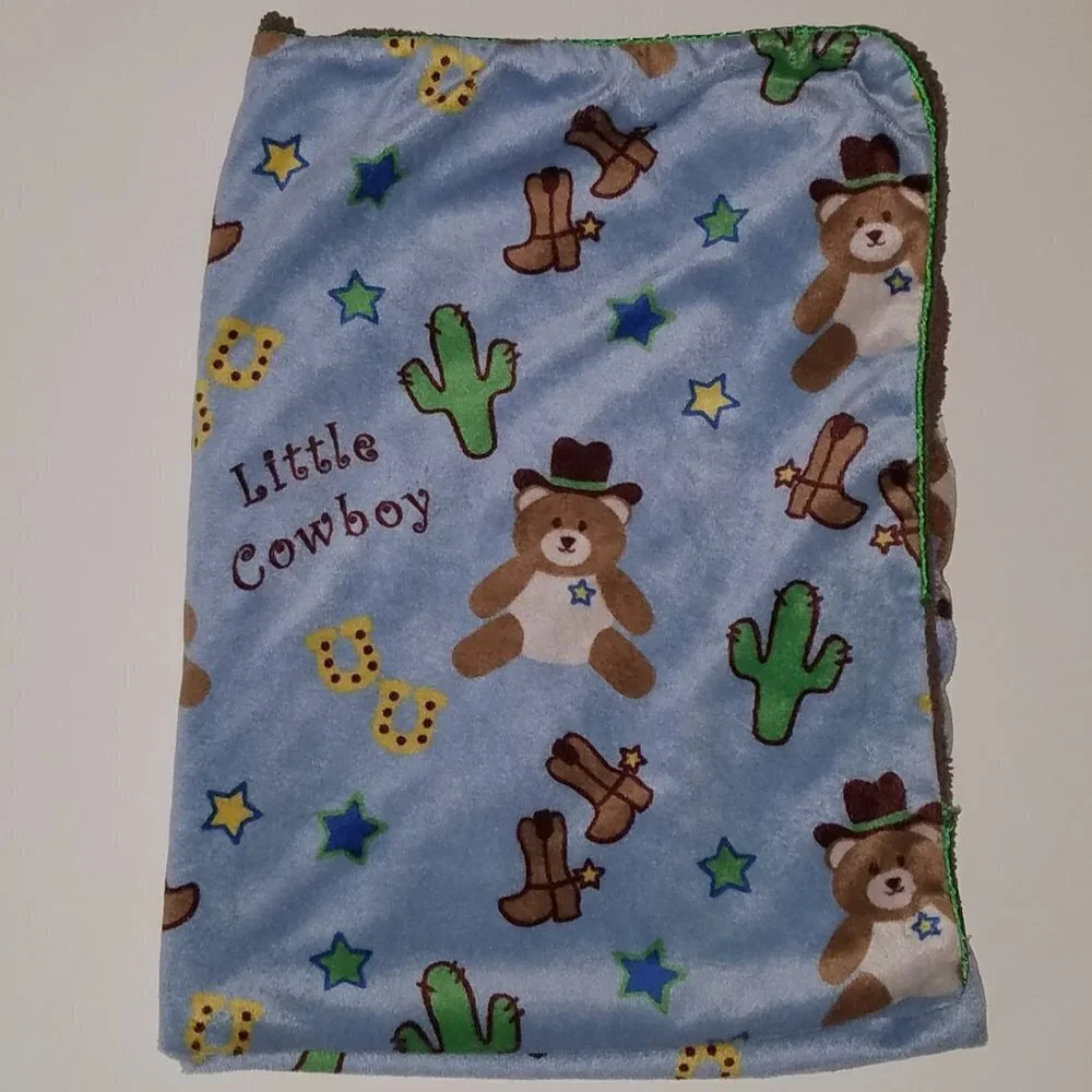 Little Cowboy Teddy Bear Blue Baby Blanket Lovey Fleece Brown Stars Cactus Boots